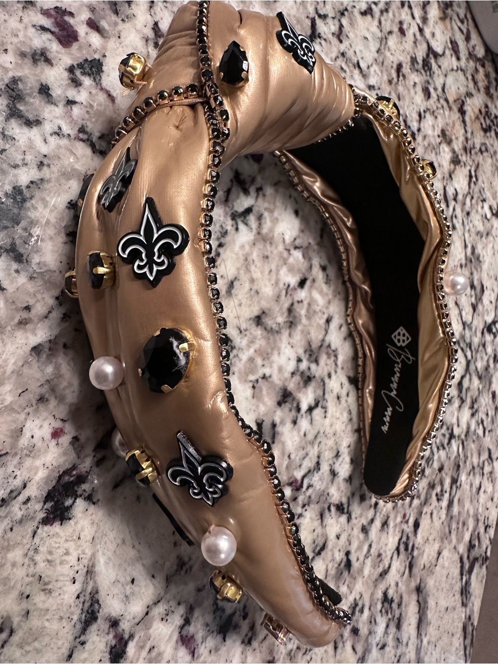 Embellished Gold Padded Headband with Pearl & Fleur-de-lis Accents